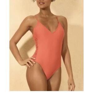 Shade & Shore Womens X-small Crochet Side Panel Swimsuit Orange High Leg